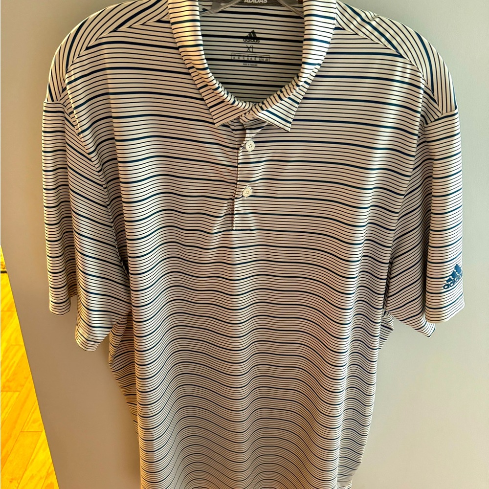 Adidas men’s golf striped polo. White Blue and Grey size XL. Moisture wicking